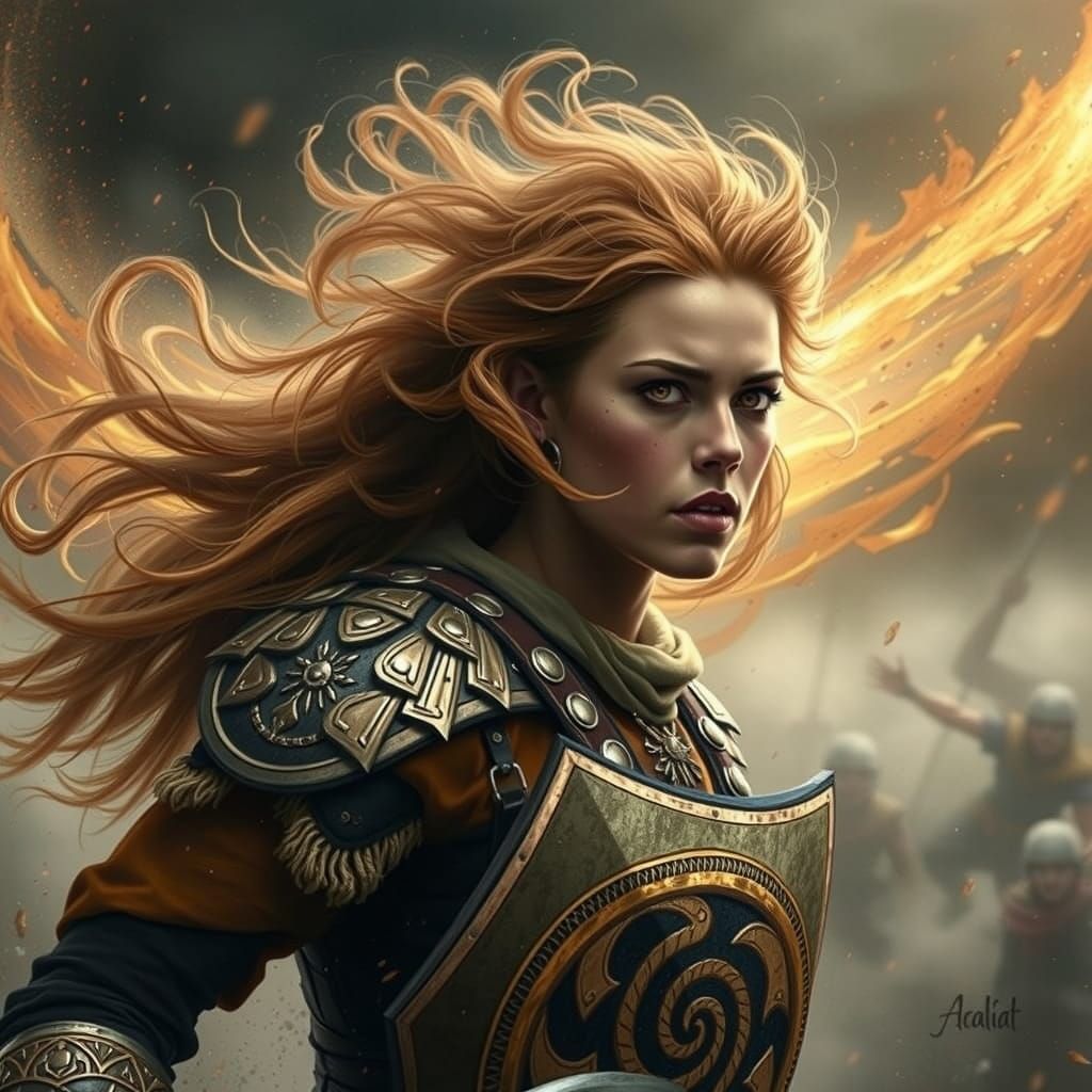 Celtic Warrior Woman Charges into Battle