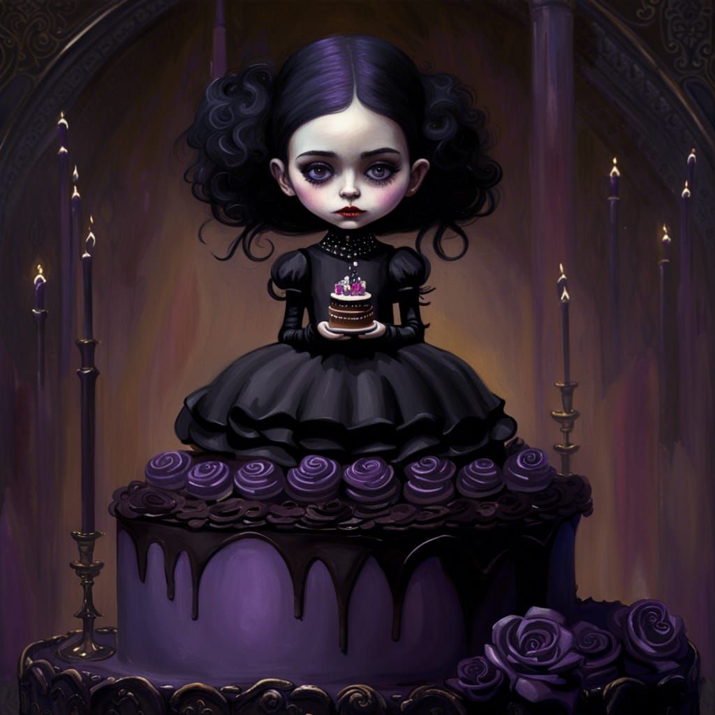 Gothic Girl on Chocolate Cake, Impasto Oil Painting
