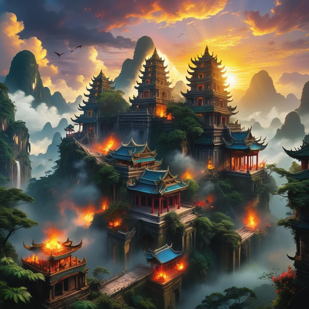 Vietnamese Landscape at Sunrise in Oil Painting Style