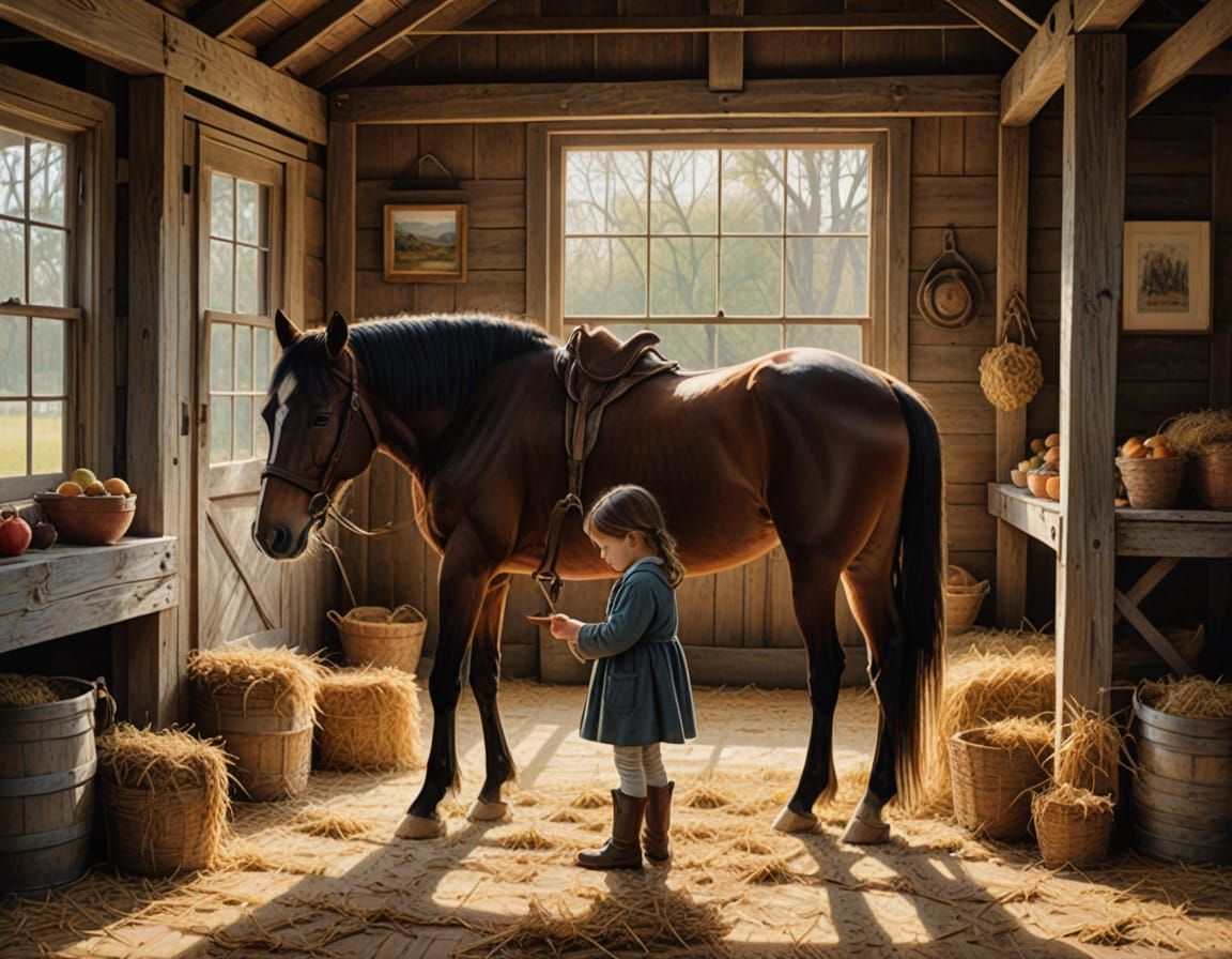 Child Feeds Gentle Bay Mare in Rustic Barn