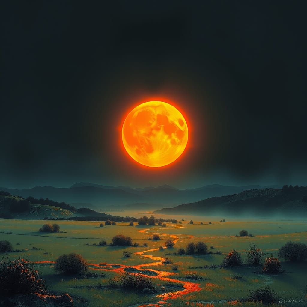 Surreal Lunar Eclipse Scene in Cyberpunk Impressionist Style