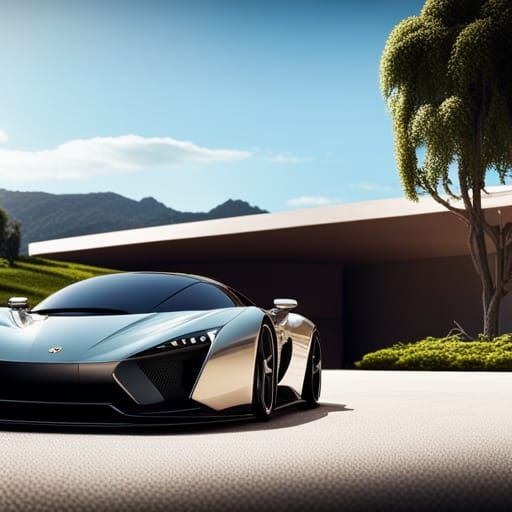 Futuristic Supercar at Modern Mansion: Digital Matte Paintin...