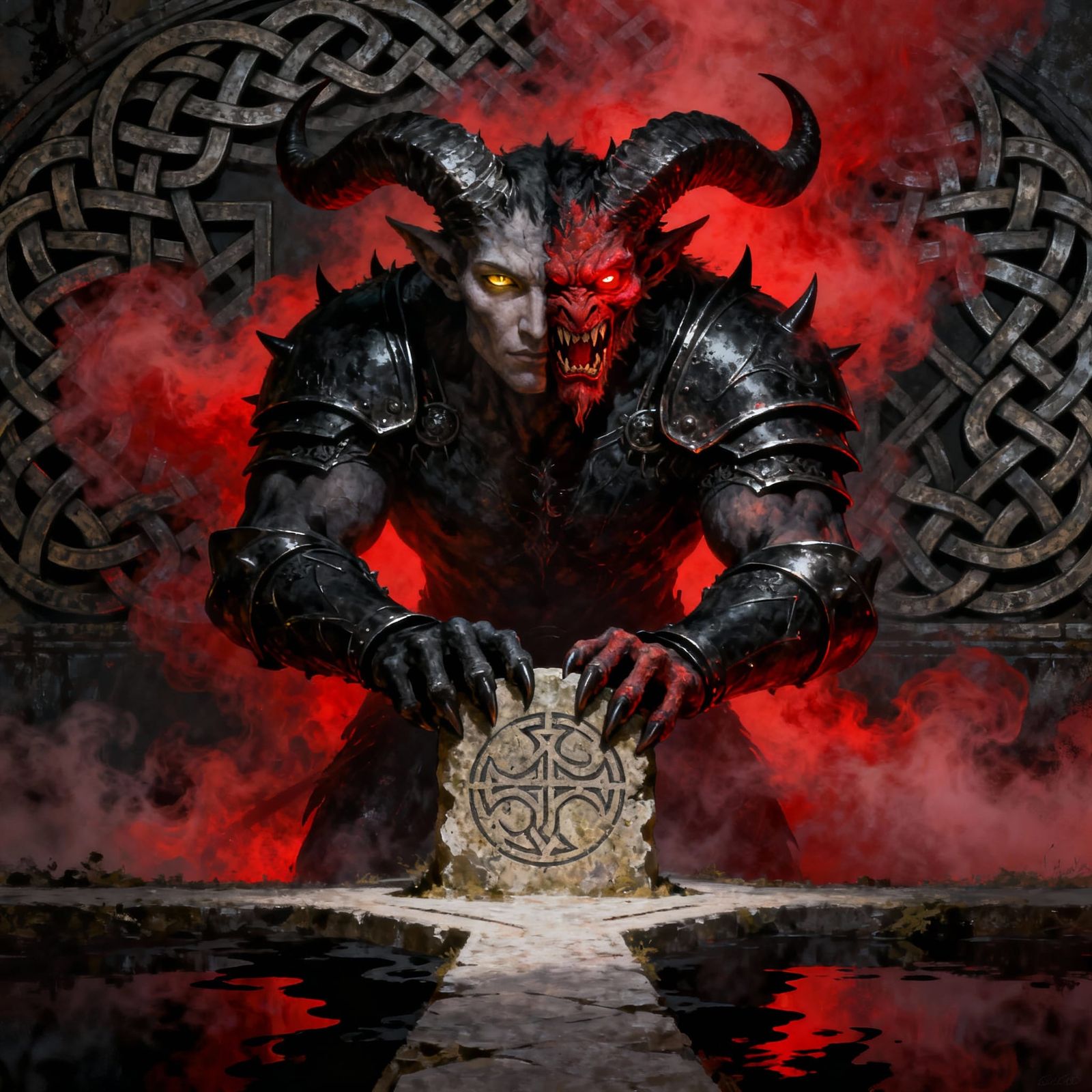 Two-Faced Demon at Crossroads in Red Fog, Celtic Patterns