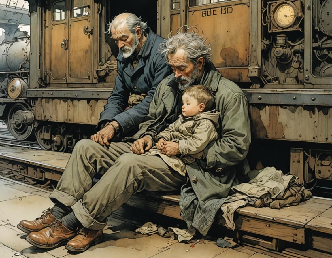 Toddler Sleeping at Train Station in Fantasy Art Style
