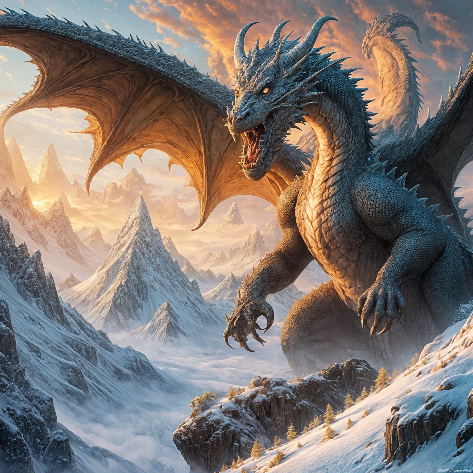 Dragon Curled on Mountain Peak in Fantasy Art
