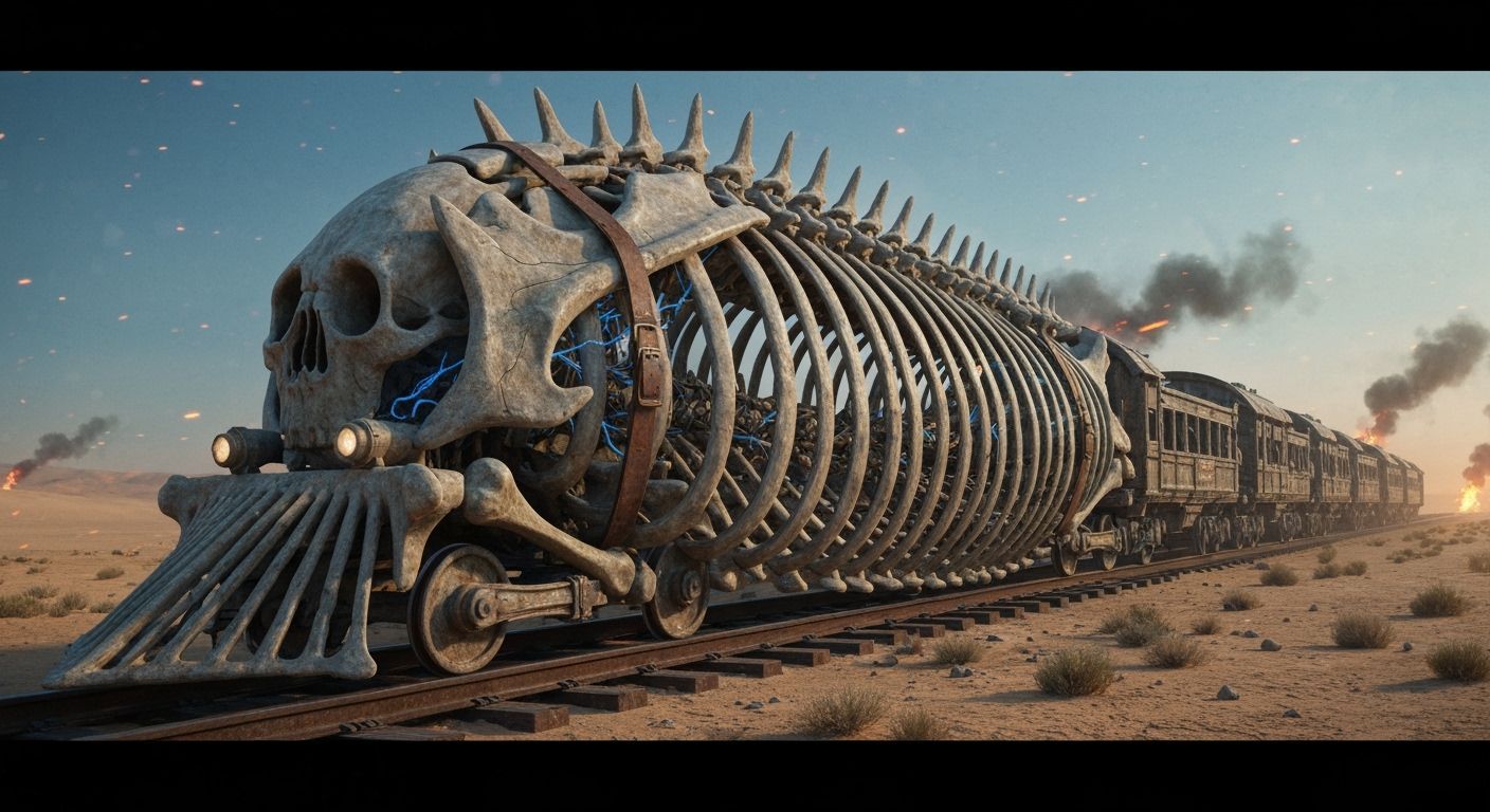 Skeletal Train in Apocalyptic Desert Landscape