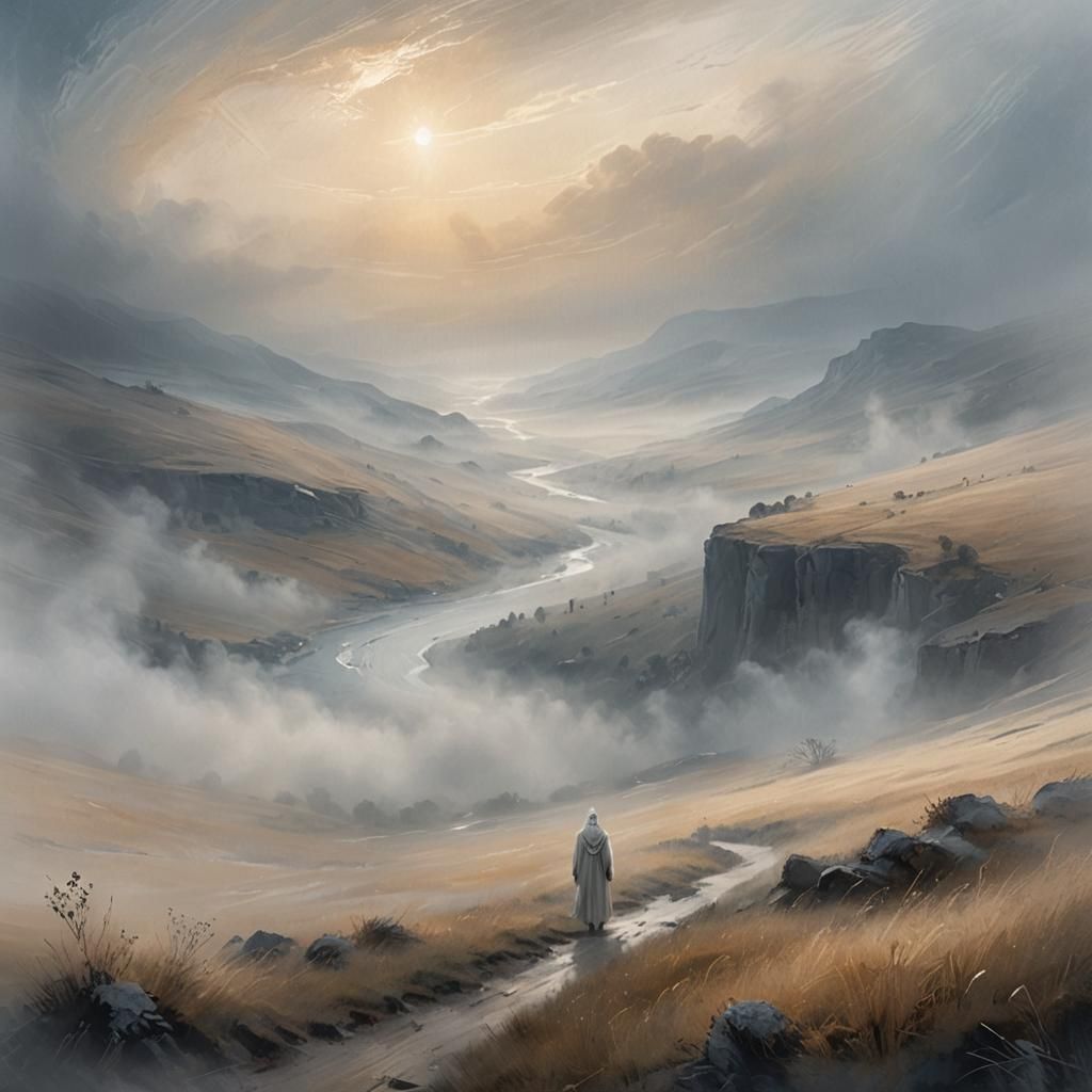 Ethereal Ghostly Figure in Misty Valley Digital Painting