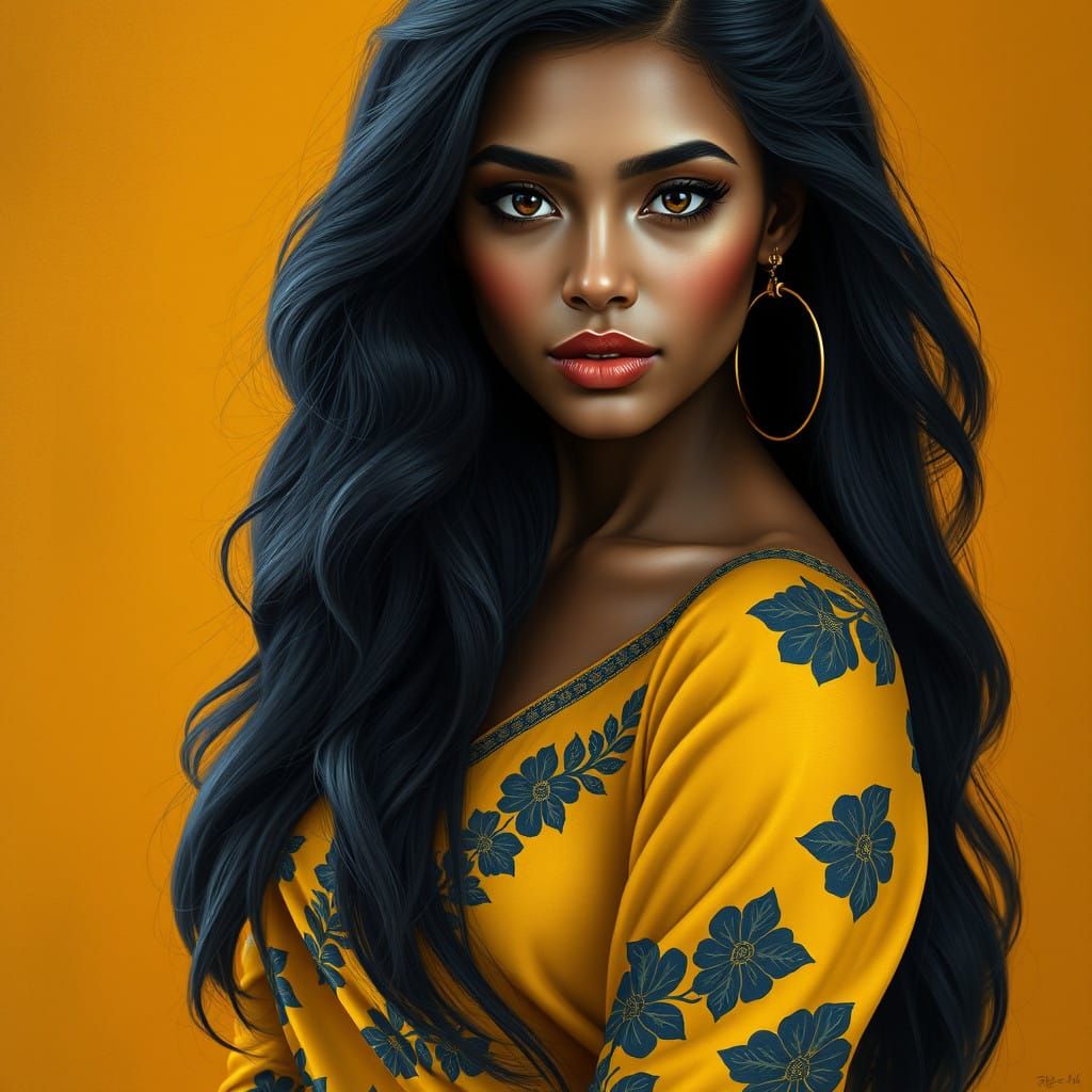 Captivating Portrait of a Woman in a Vibrant Sari-Inspired E...