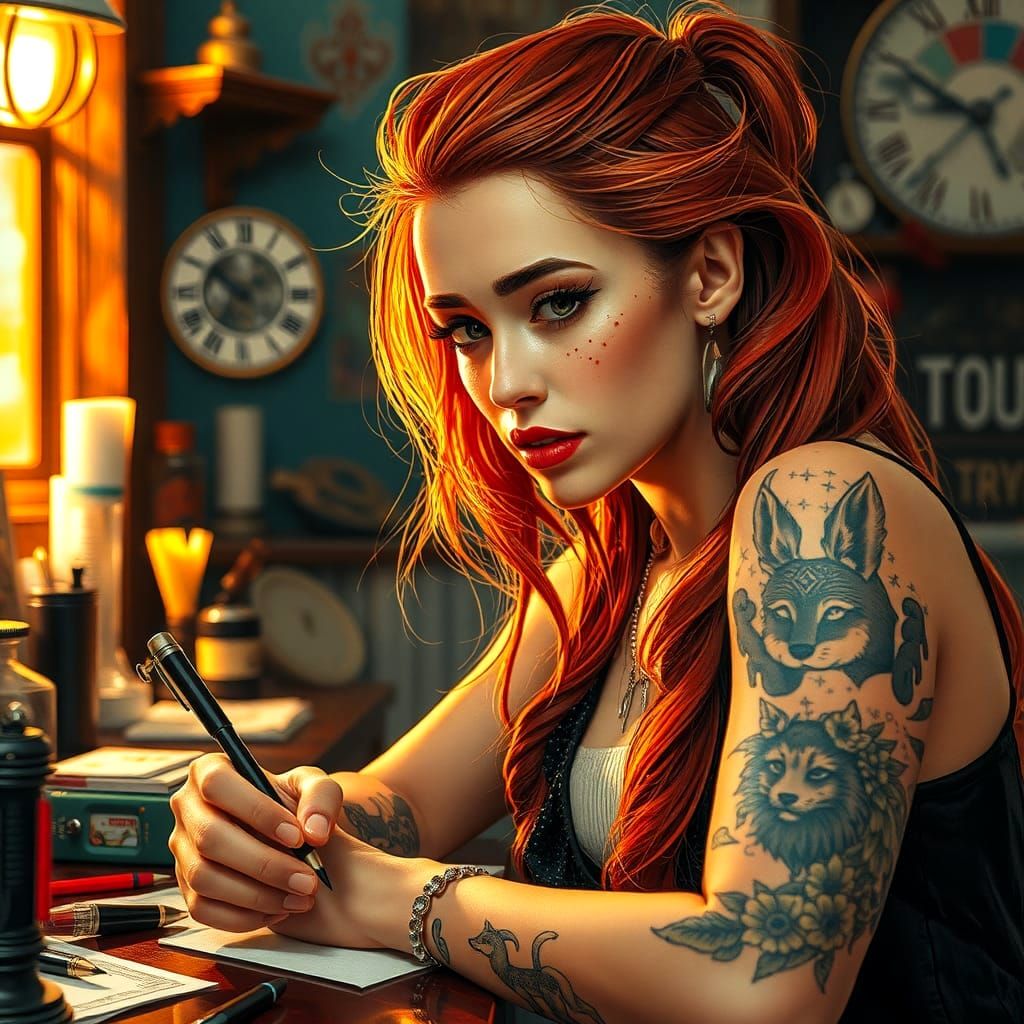 Vintage Tattoo Artist in Watercolor Impasto Style