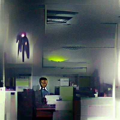 Eerie Inhuman Figure in Dark Office Setting