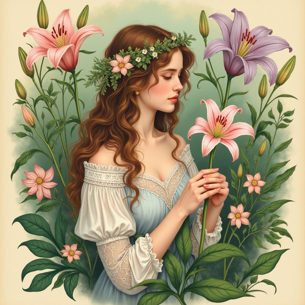 Botanical Woman with Lily in Pre-Raphaelite Style