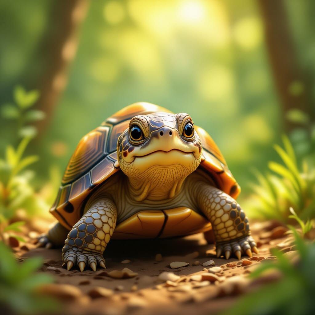 Adorable Brown Turtle With Cute Face in Forest