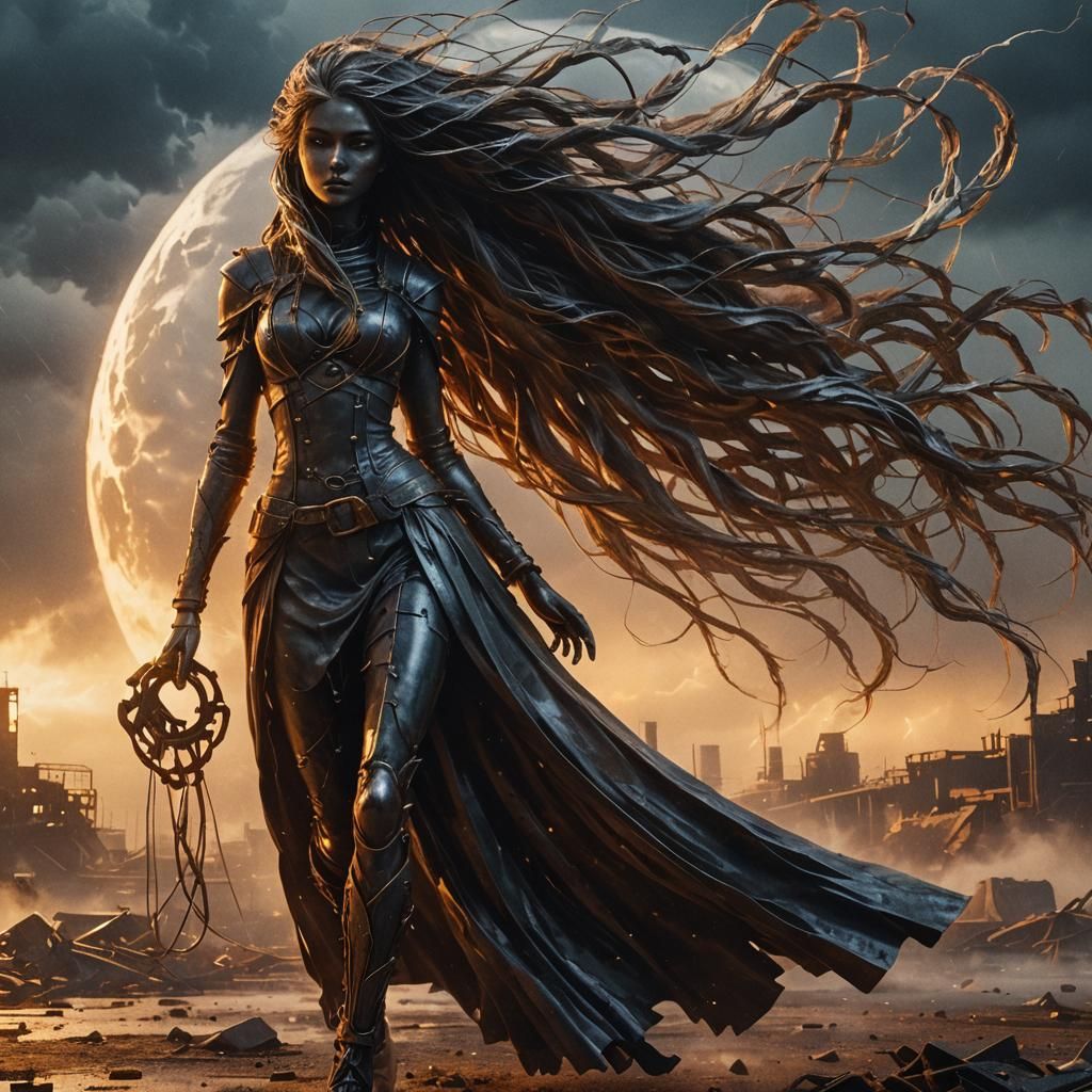 Metal Statue of Girl with Long Hair in Industrial Setting