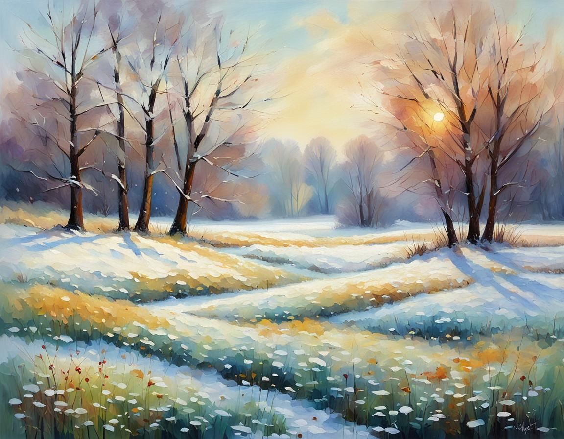 Impressionist Winter Meadow Landscape
