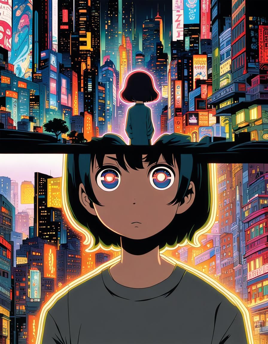 Art by Satoshi Kon, Mamoru Hosoda, detailed anime portrait, introspective expression, neon-lit city reflections in eyes,...
