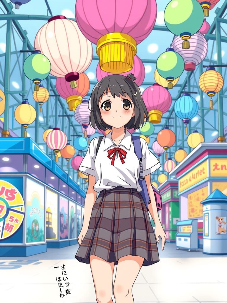 Anime Schoolgirl in Amusement Park