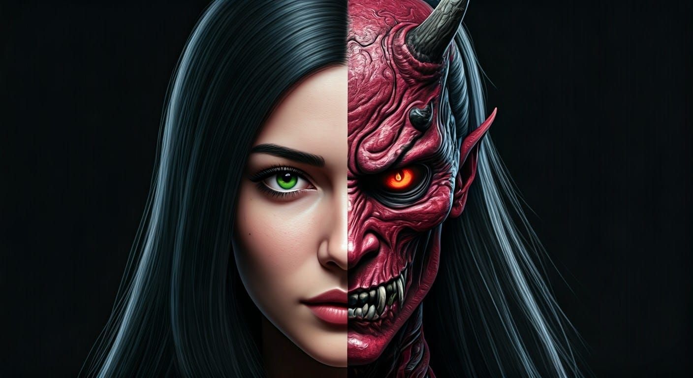 Beautiful Woman and Demon Face Fusion