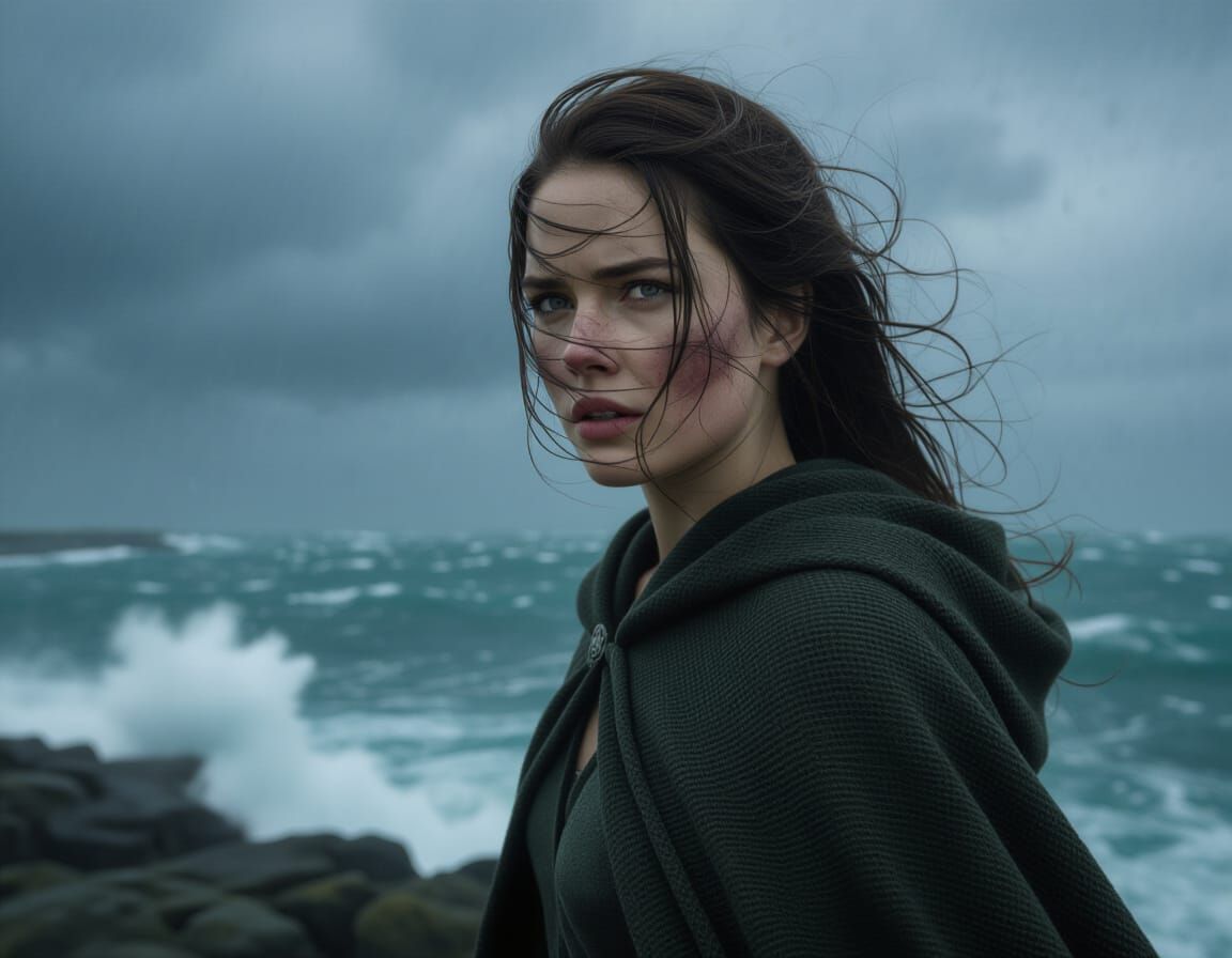 Windswept Woman, Turbulent Sea, Impending Storm: Photorealis...