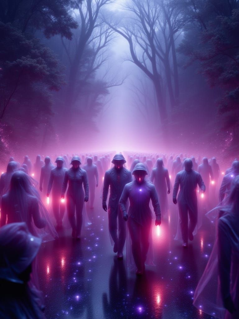 Ethereal Figures Walk Among a Misty, Neon-Lit Crowd in a Fut...