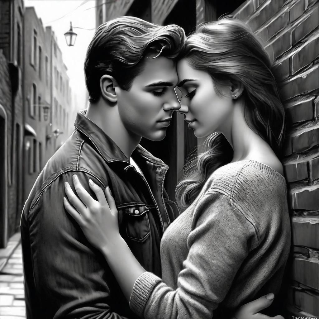 Romantic Couple Portrait in Alley, Pencil Drawing