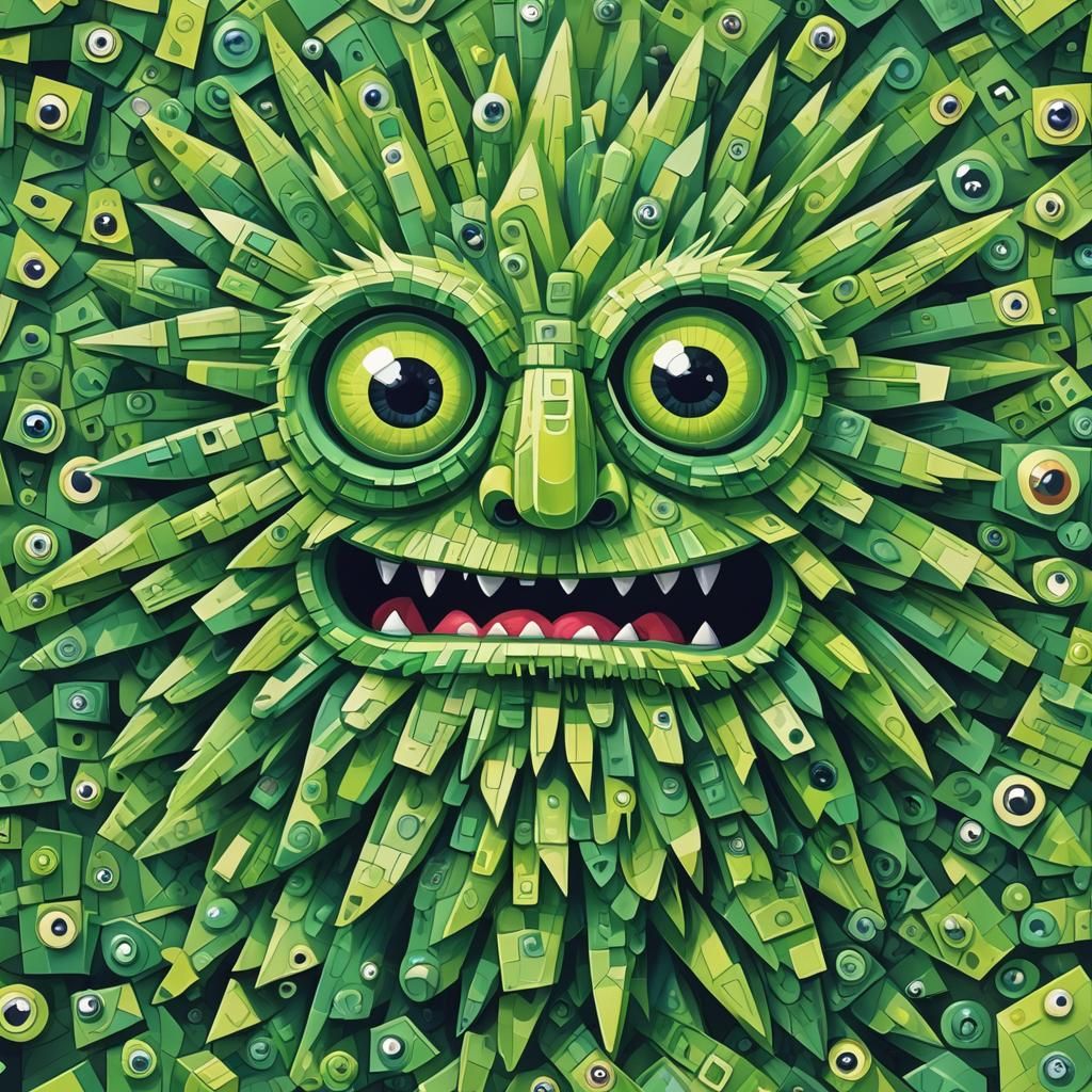 Fluffy Green Monster with Googly Eyes in Cubist Style