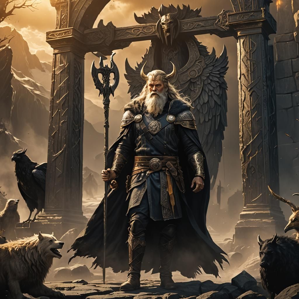 Odin, the supreme God, waiting at the gate of Valhalla to welcome fallen viking warriors
