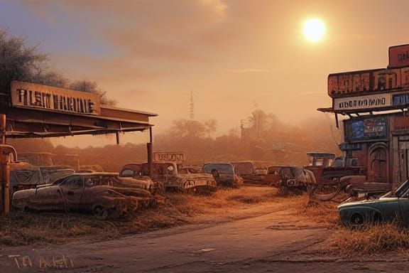 Post-Apocalyptic Flea Market at Sunset: Matte Painting