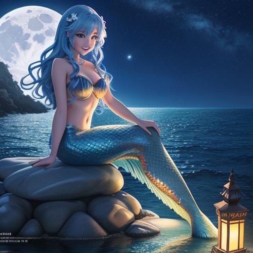 Happy Anime Mermaid Watching the Moon at Night
