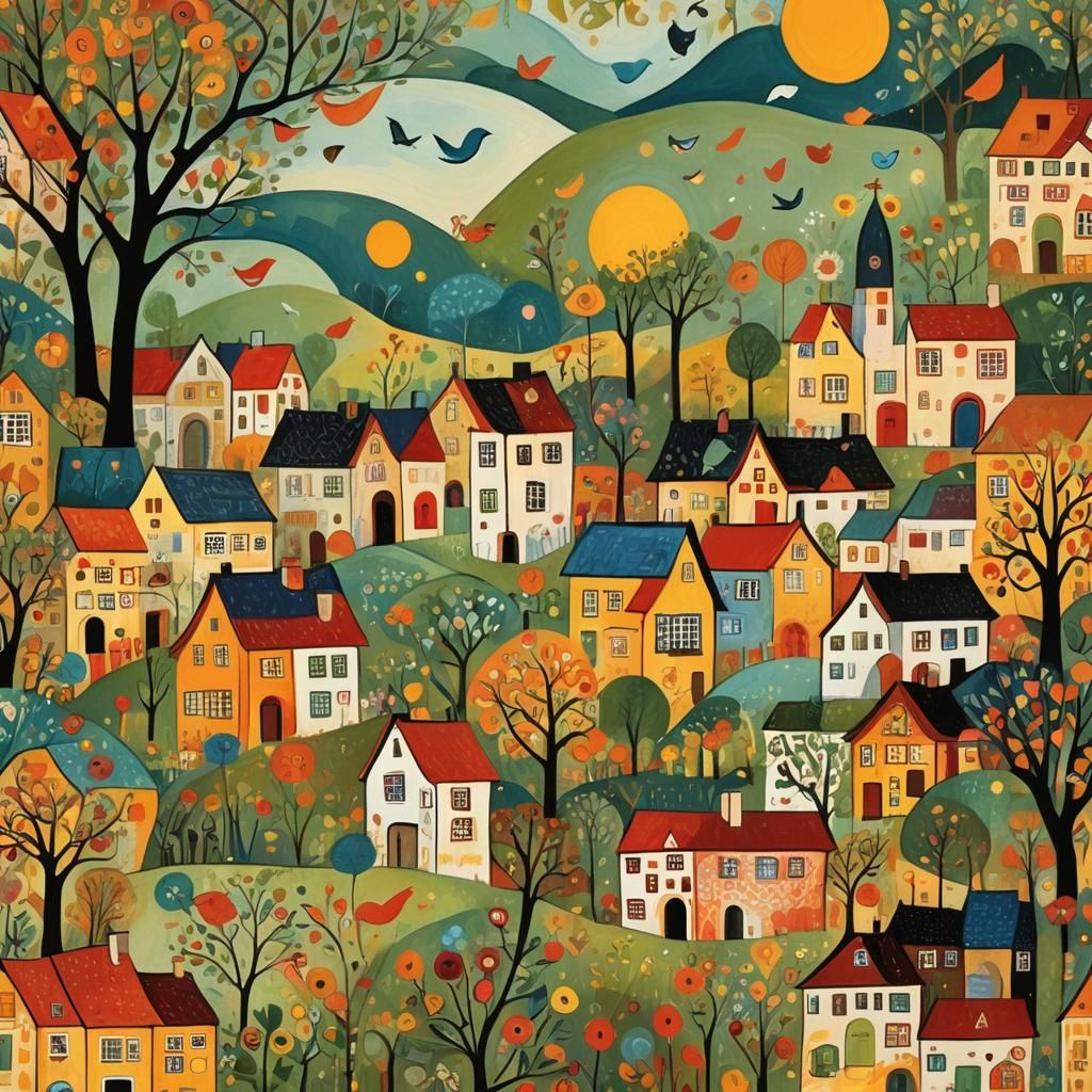 Folk Art Village Scene with Abstract Elements