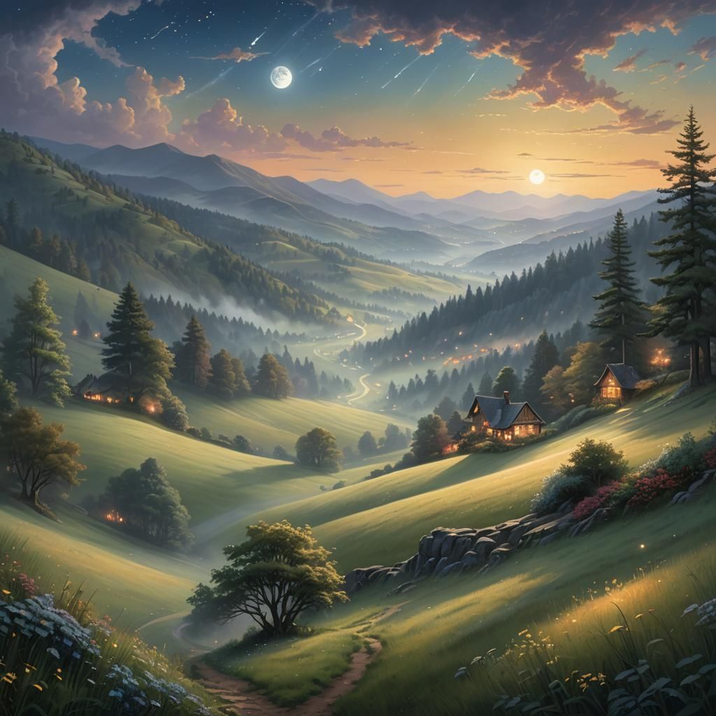 Ethereal Moonlit Fantasy Landscape in Digital Painting Style