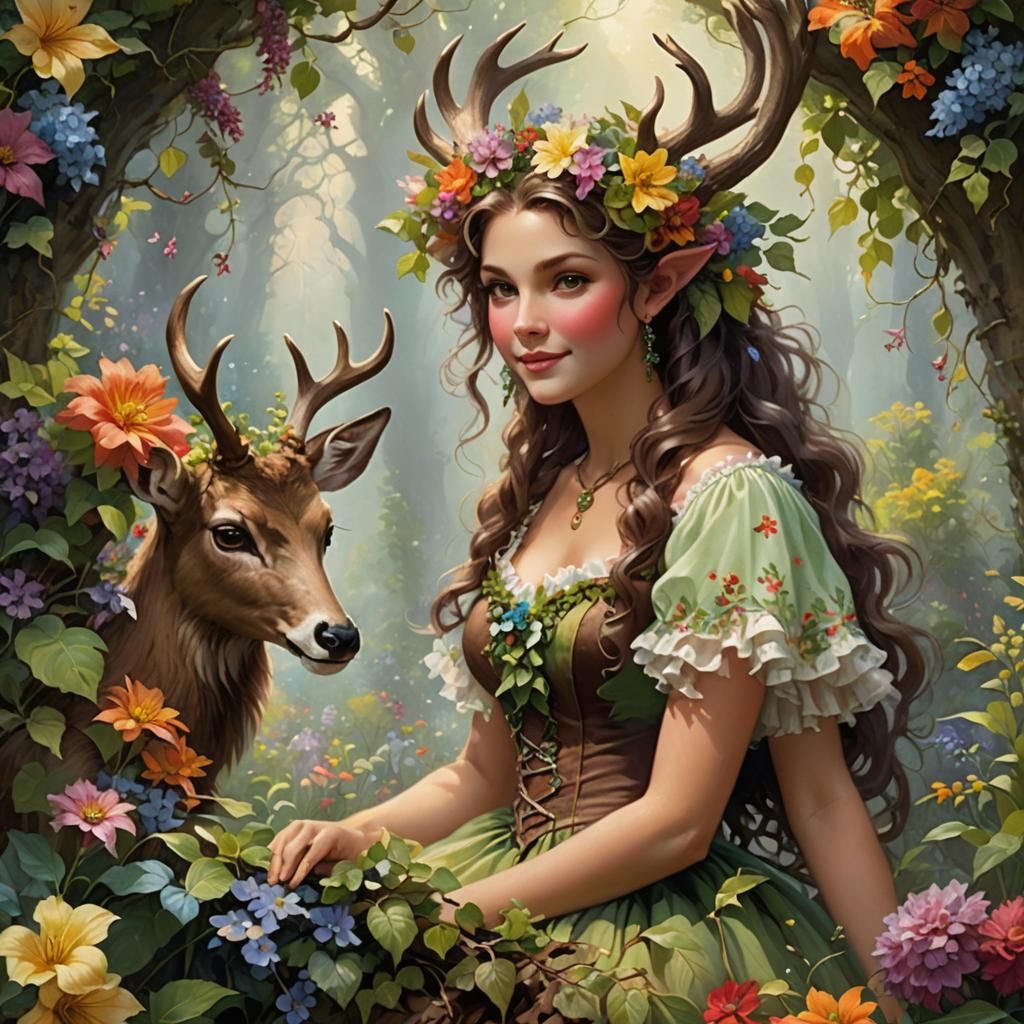 Female Satyr in Floral Fantasy Landscape