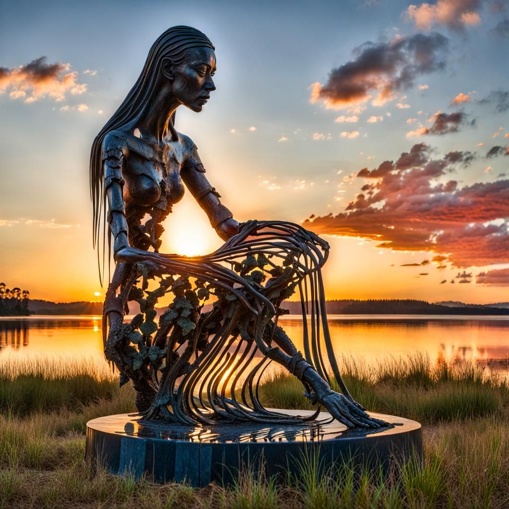 Surreal Sculpture of Woman at Sunset