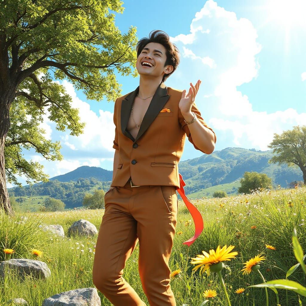 Singing Heartthrob in Vibrant Anime-Inspired Landscape