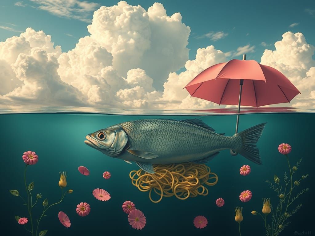 Surreal Fish and Pink Umbrellas in Cloudy Sky