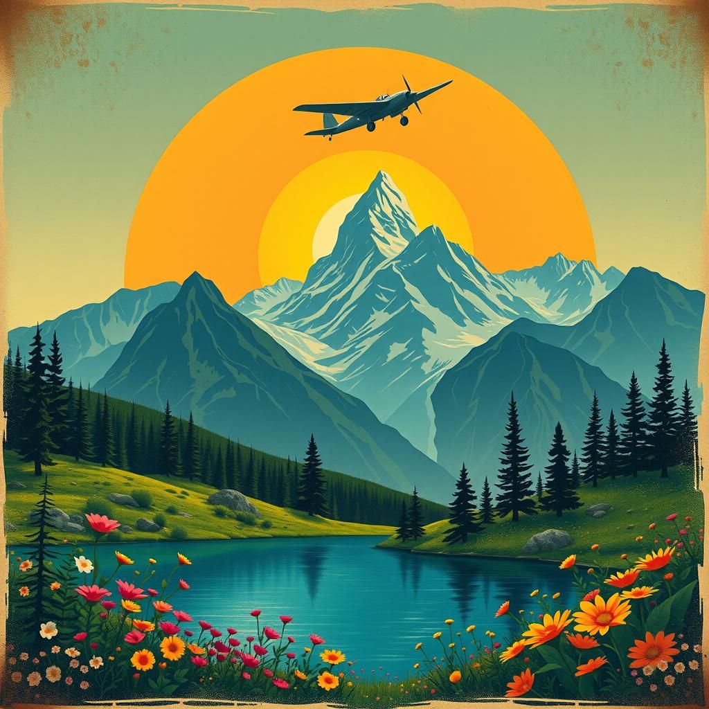 Art Deco Travel Poster of Mountain Lake