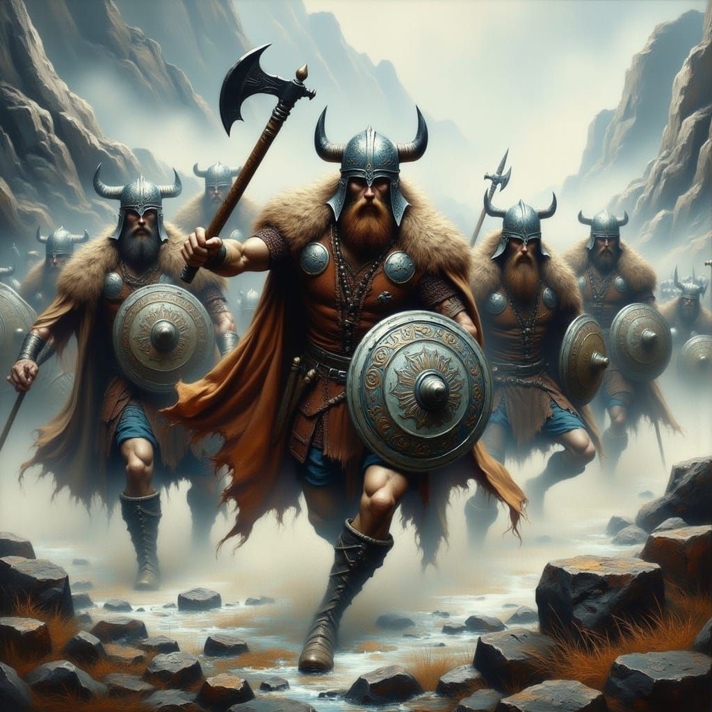 Viking Warriors Charging into Battle Amidst a Fjord Landscap...