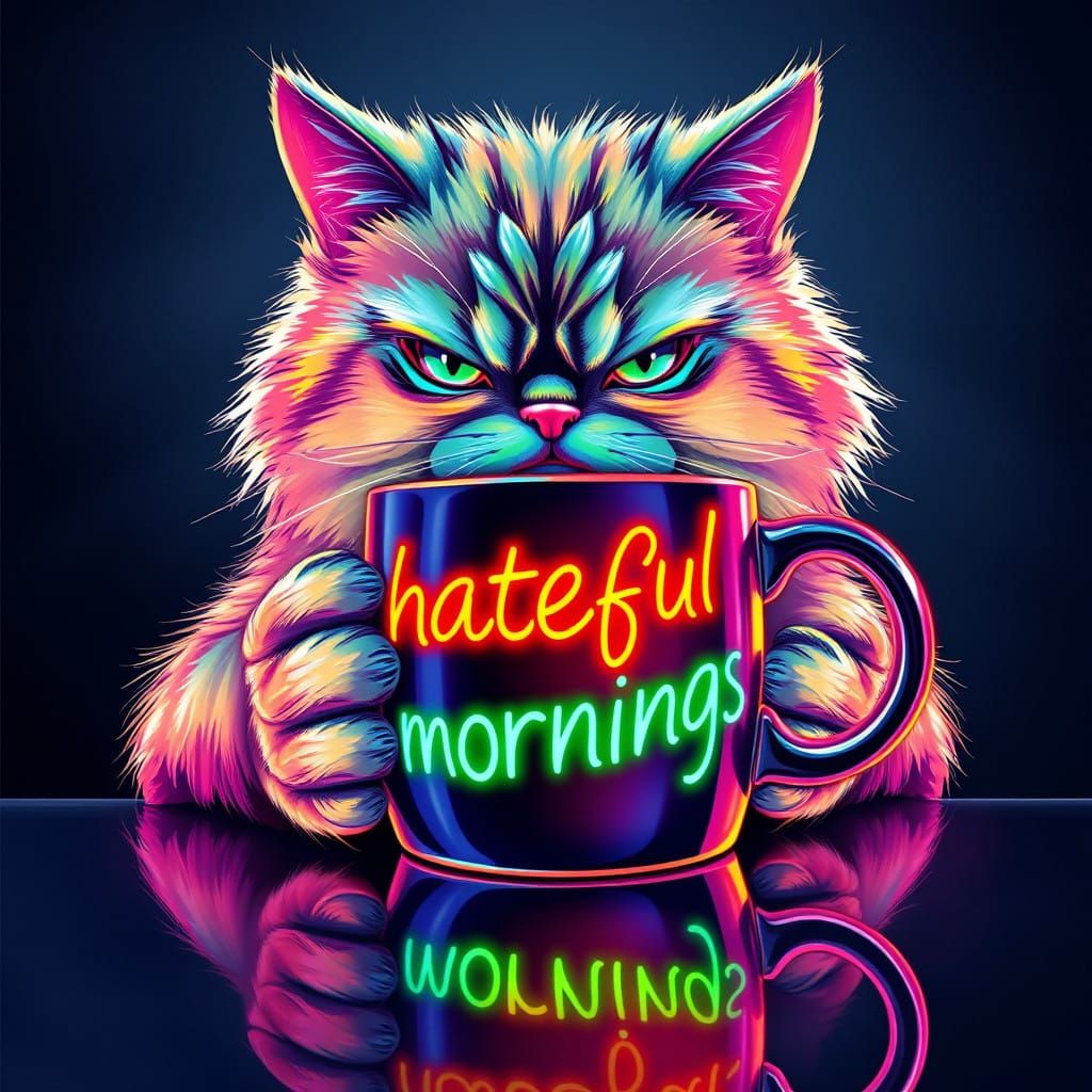 Surrealistic Digital Art of a Fluffy Iridescent Cat with Glo...