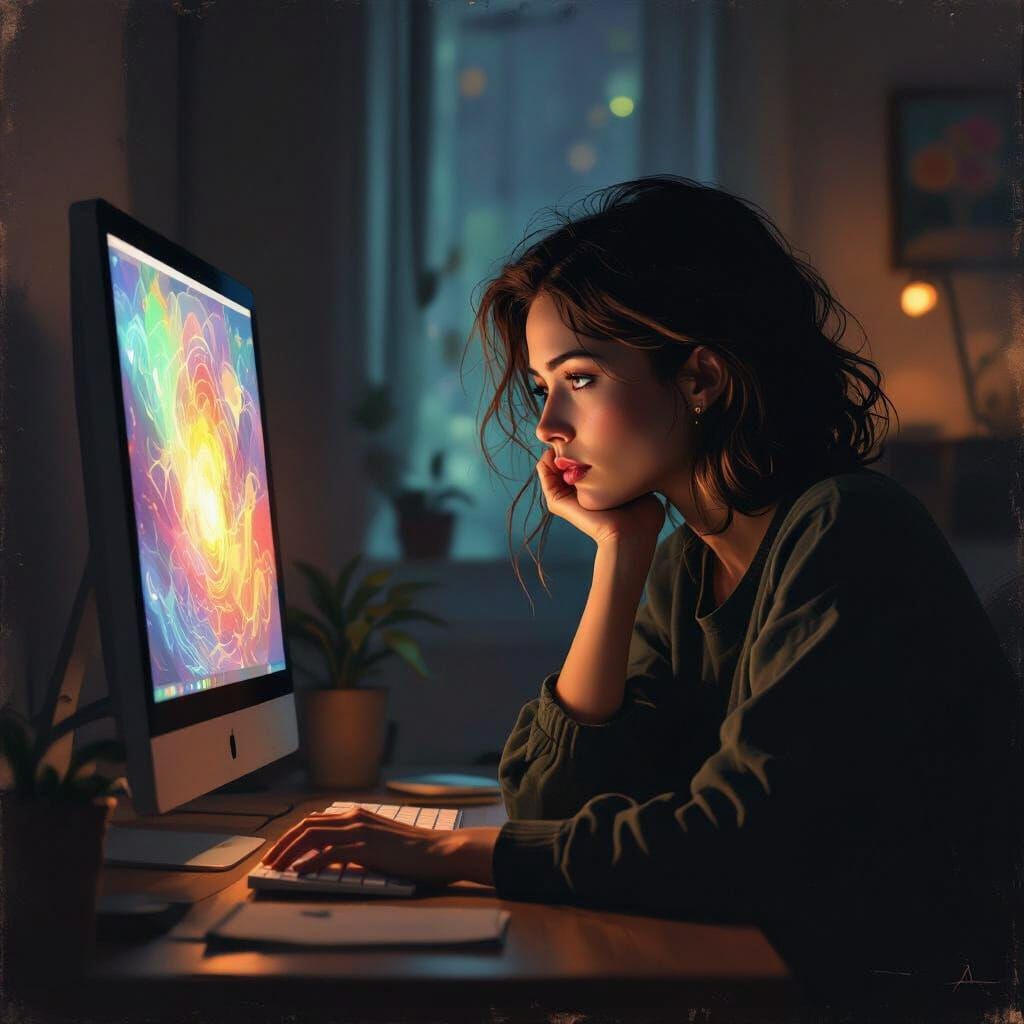 Person Absorbed by AI Art on Glowing Screen