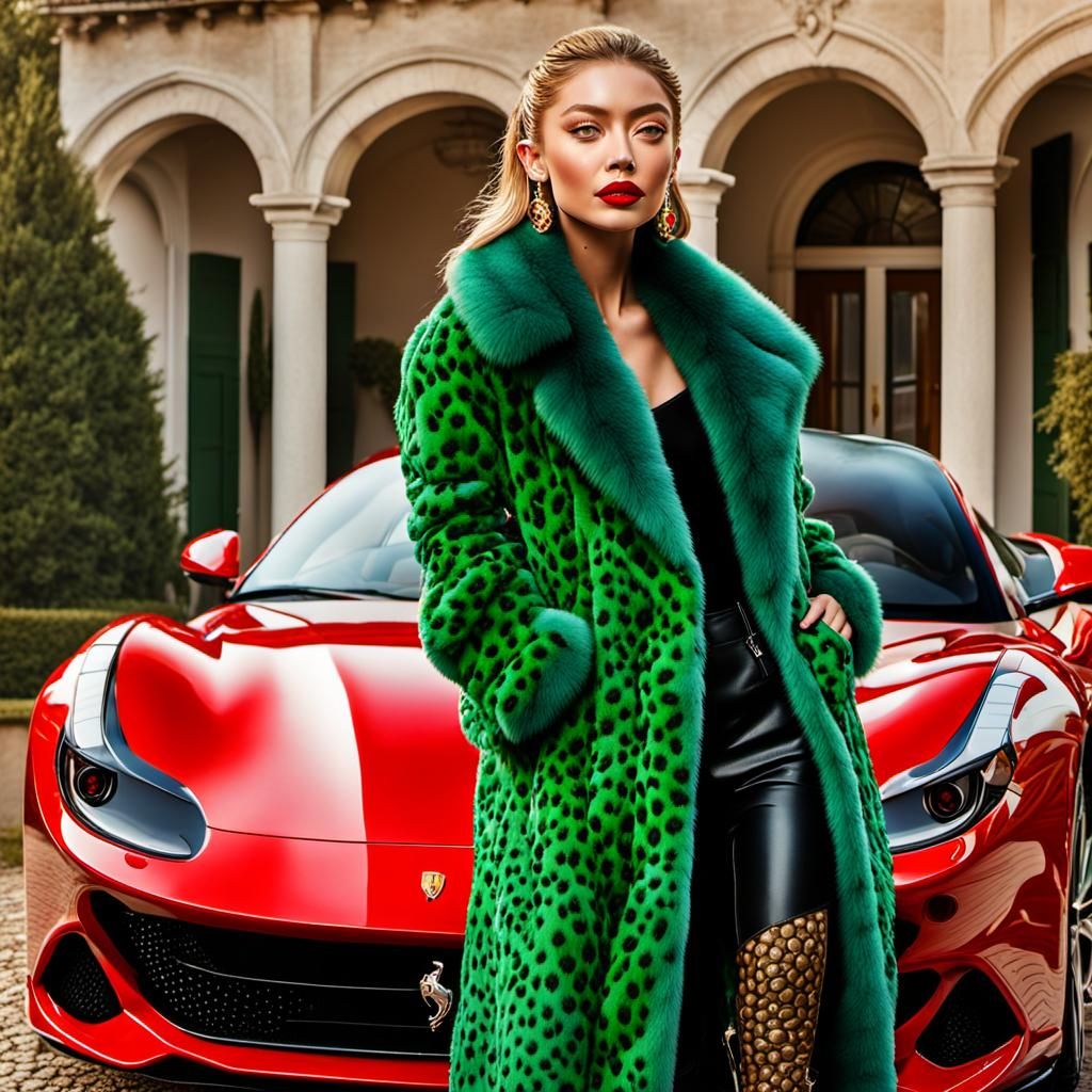 Gigi Hadid in Fur Coat by Ferrari: Hyperrealistic Digital Ar...