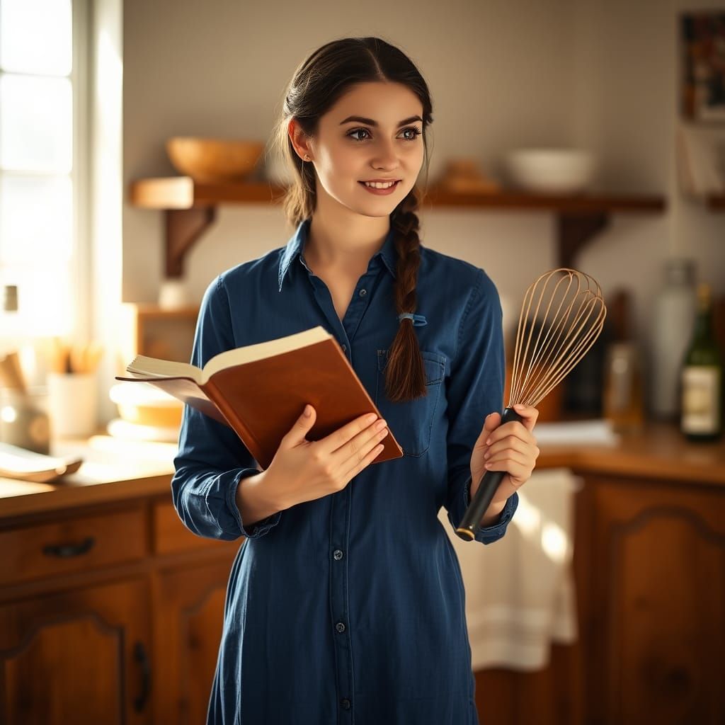 Elegant Woman with Book and Whisk in Kitchen