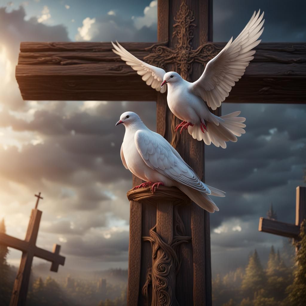 Dove on Wooden Cross: Detailed Matte Painting
