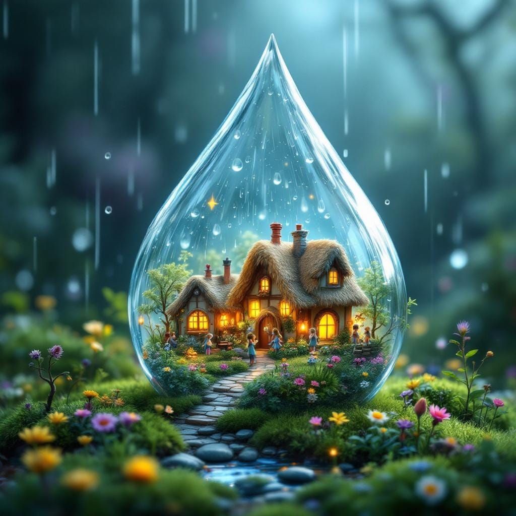 Fairy Village Nestled Within a Raindrop