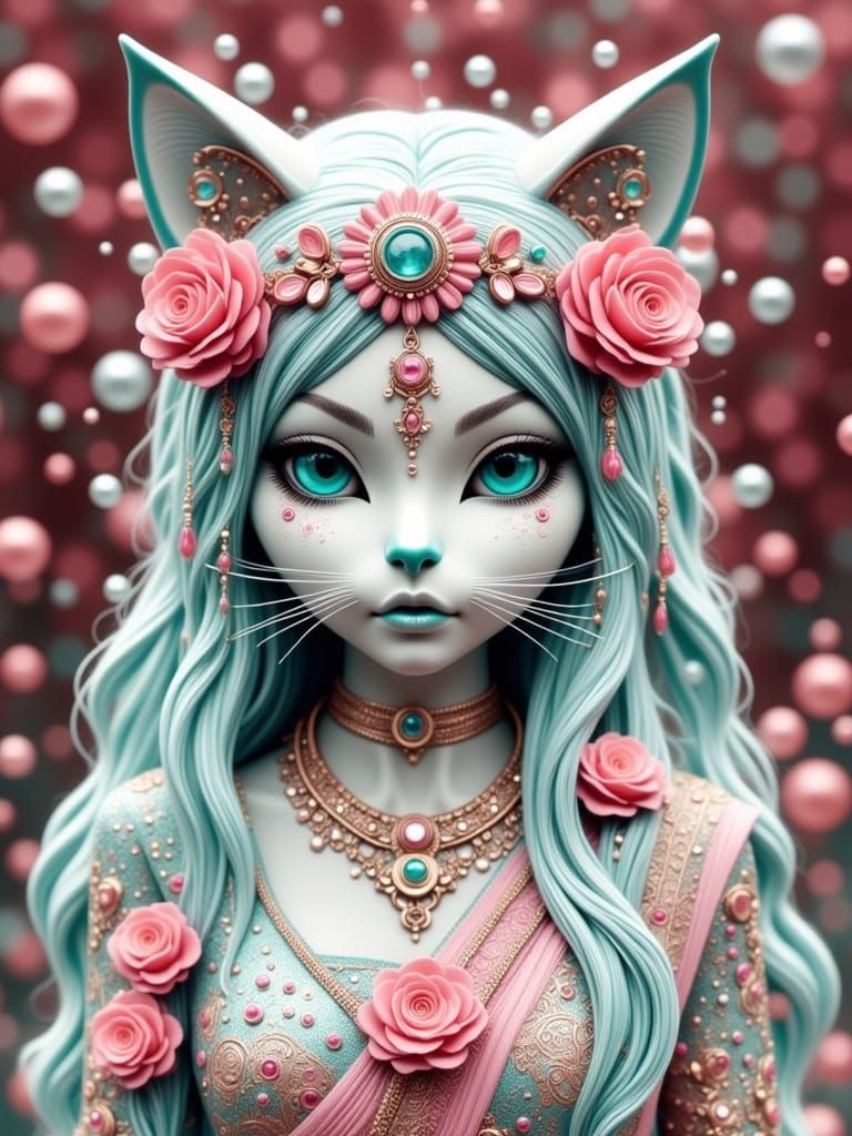 black chrome cat girl, covered in bubbles, A black and white image with strong contrasts and a gritty, raw aesthetic dep...