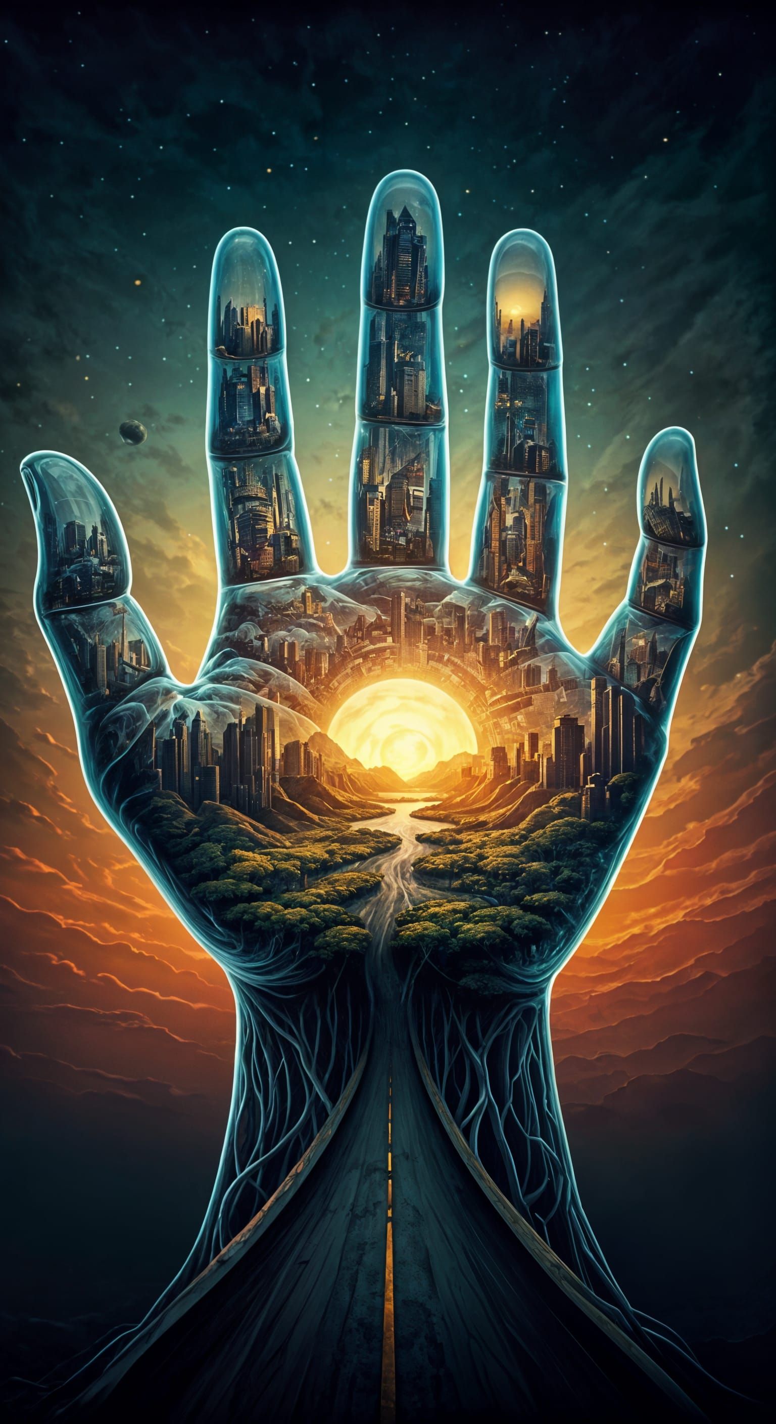 Surreal Cosmic Hand Connects Diverse Realms and Landscapes