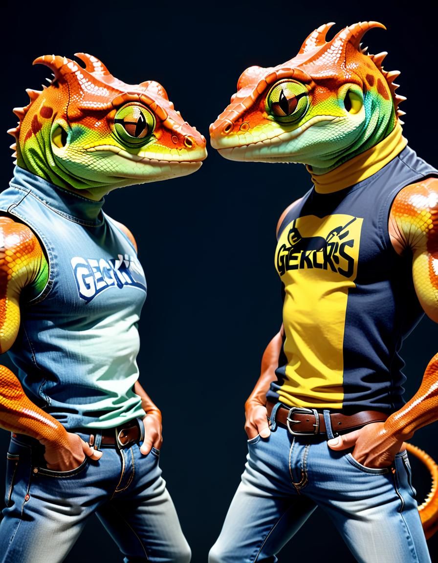 Anthropomorphic Geckos Stare Down in Muscle Shirts