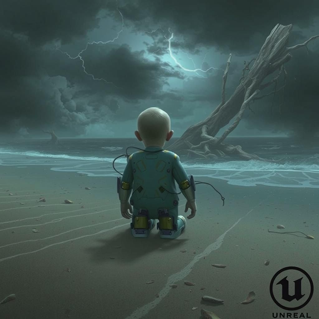 Mechanized Infant Abandoned on Stormy Beach: Fantasy Concept...