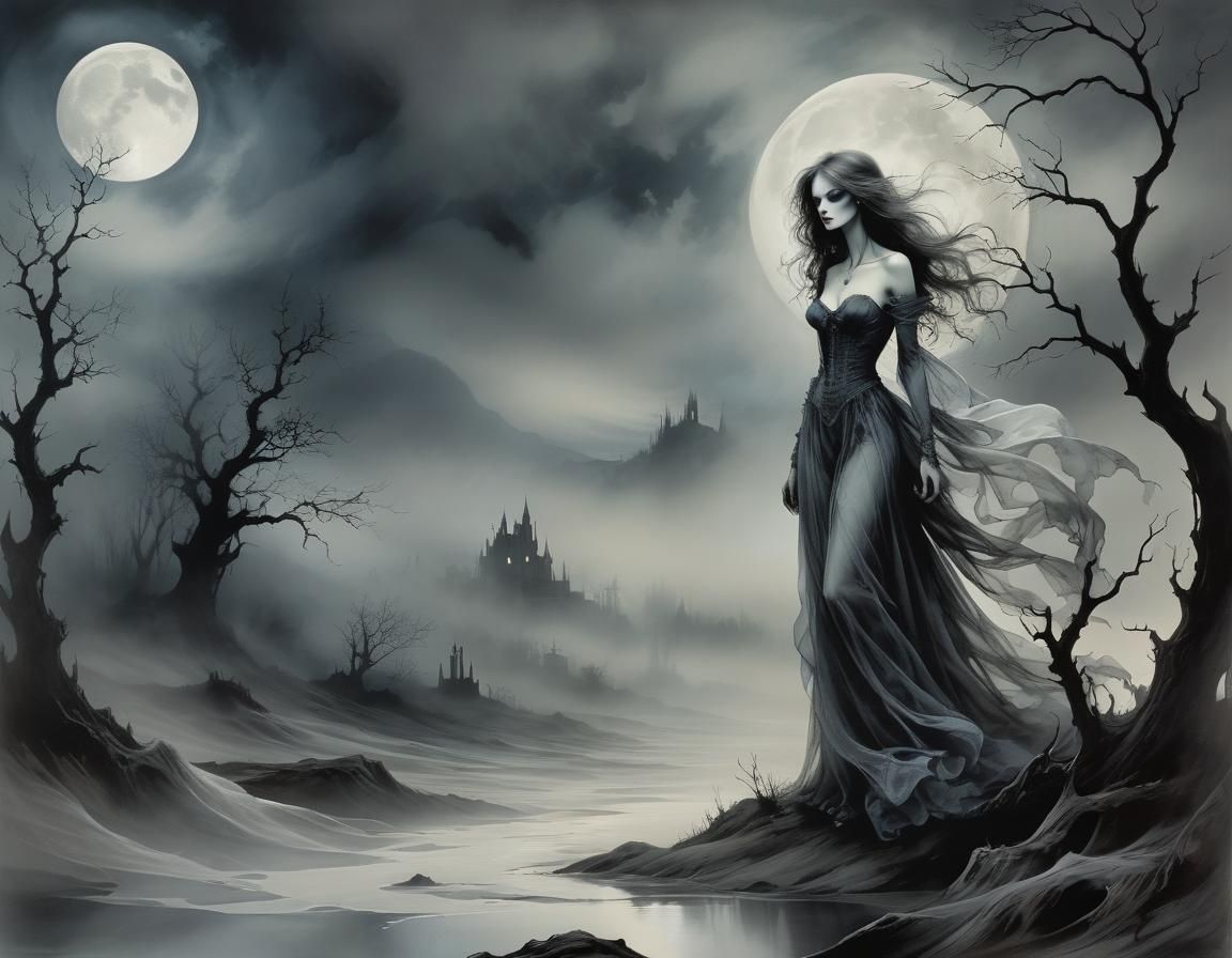 Ethereal Banshee in Nightmarish Moonlit Dreamscape