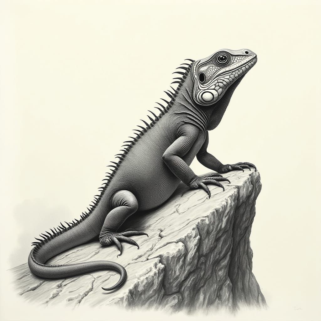 Regal Cuban Iguana in Elegant Black and White Illustration