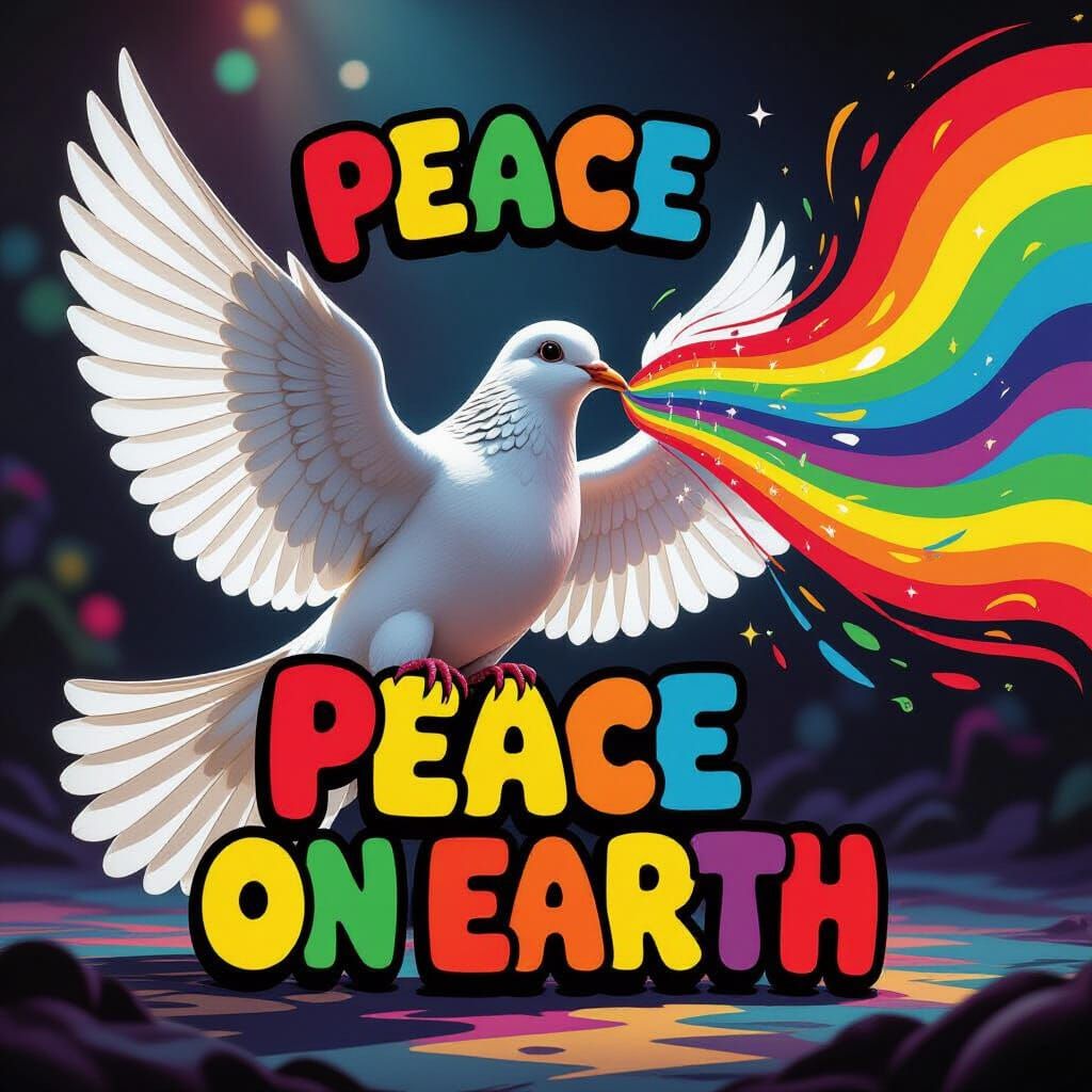Vivid Dove Spreading Rainbows and Peace Symbols