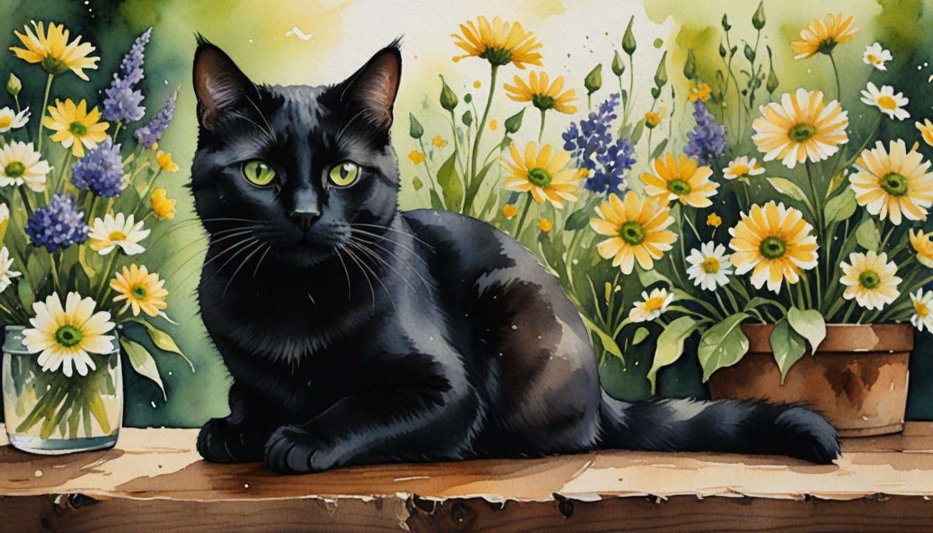 Watercolor portrait of a short-haired black cat with green e...